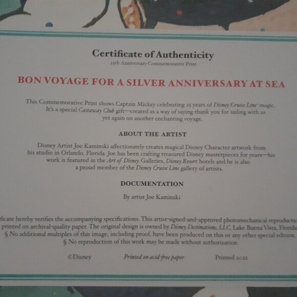 25th anniversary Disney Cruise Line commemorative Mickey print - Picture 2 of 5